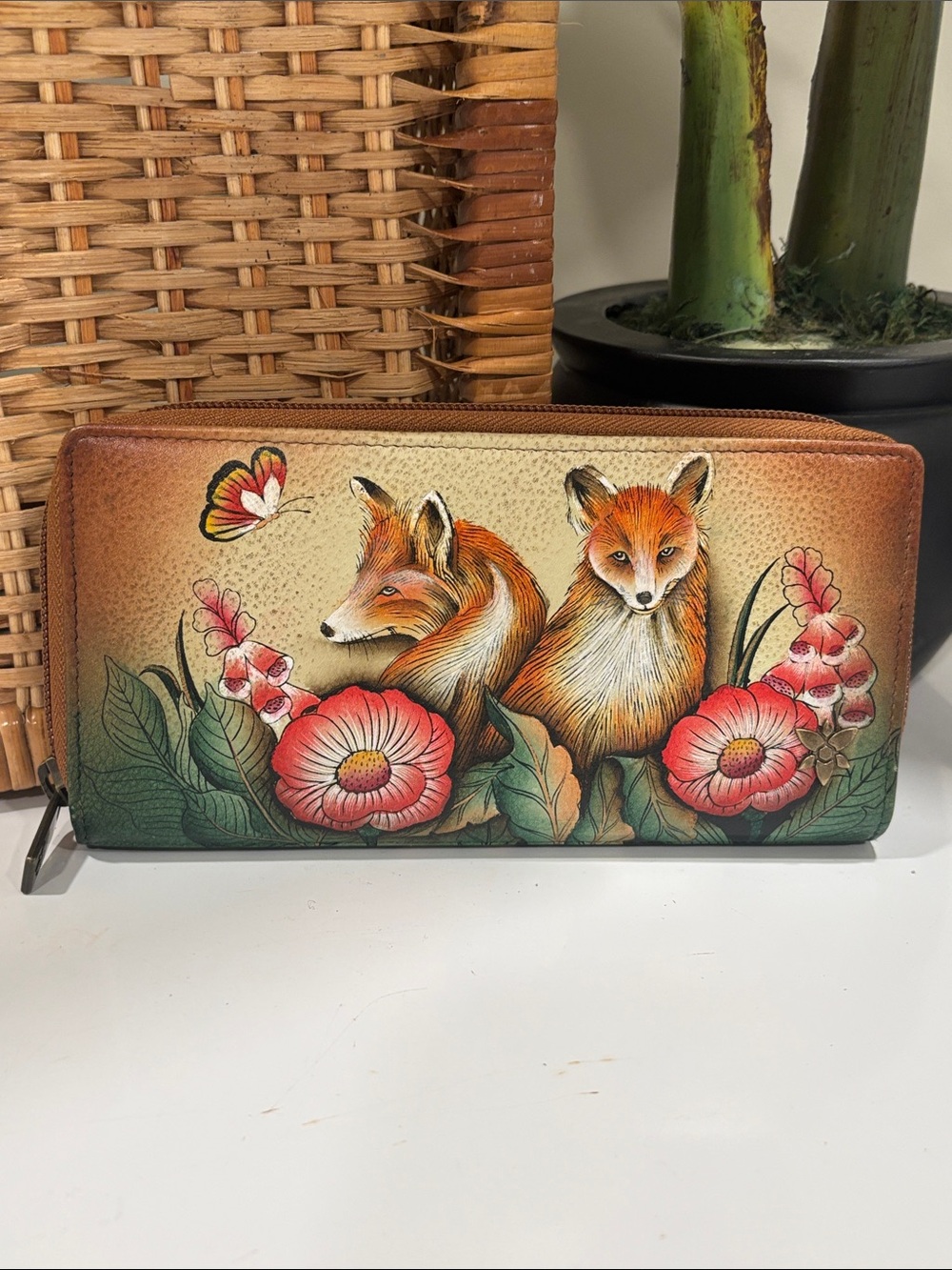 Anuschka Hand-Painted Fox & Floral Organizer Clutch Wallet NWOT